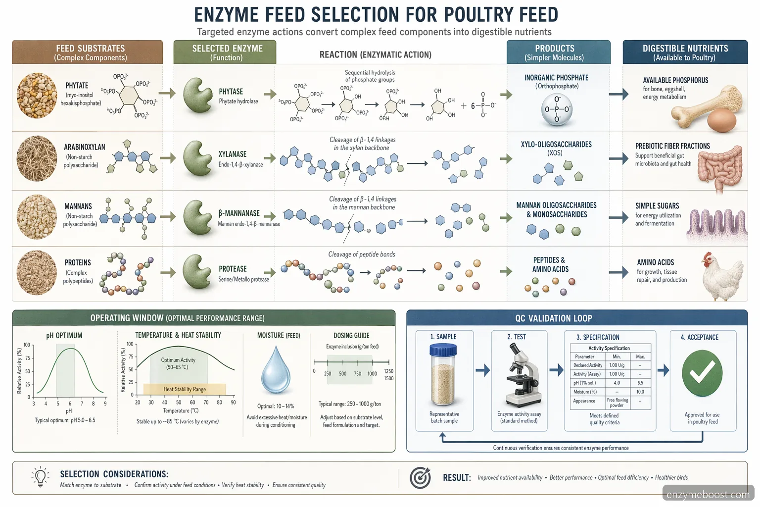 enzyme feed poultry process guide showing phytase, xylanase, mannanase, and protease reaction conditions