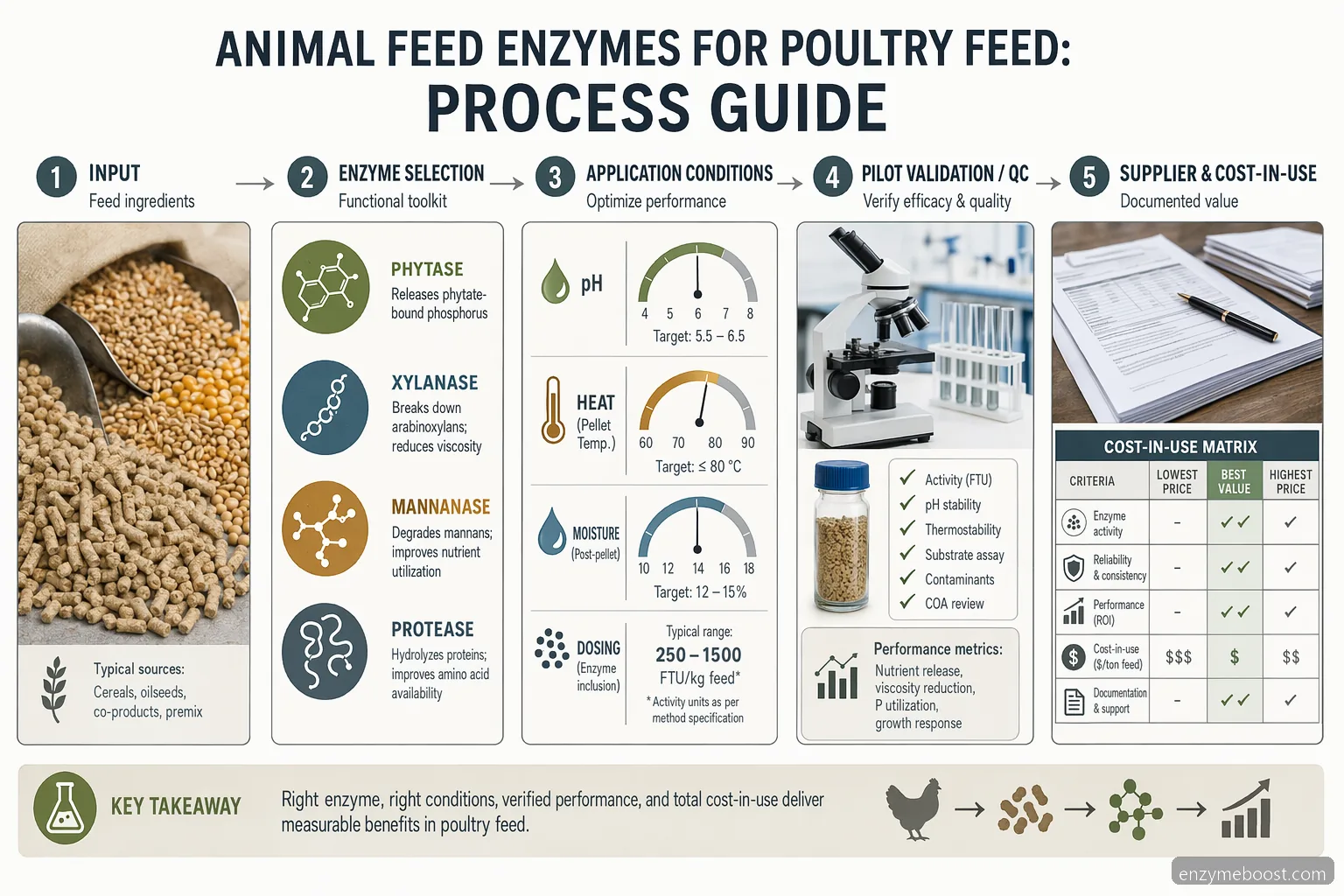 enzyme feed poultry process guide with enzyme types, pellet conditions, QC validation, and supplier buying factors