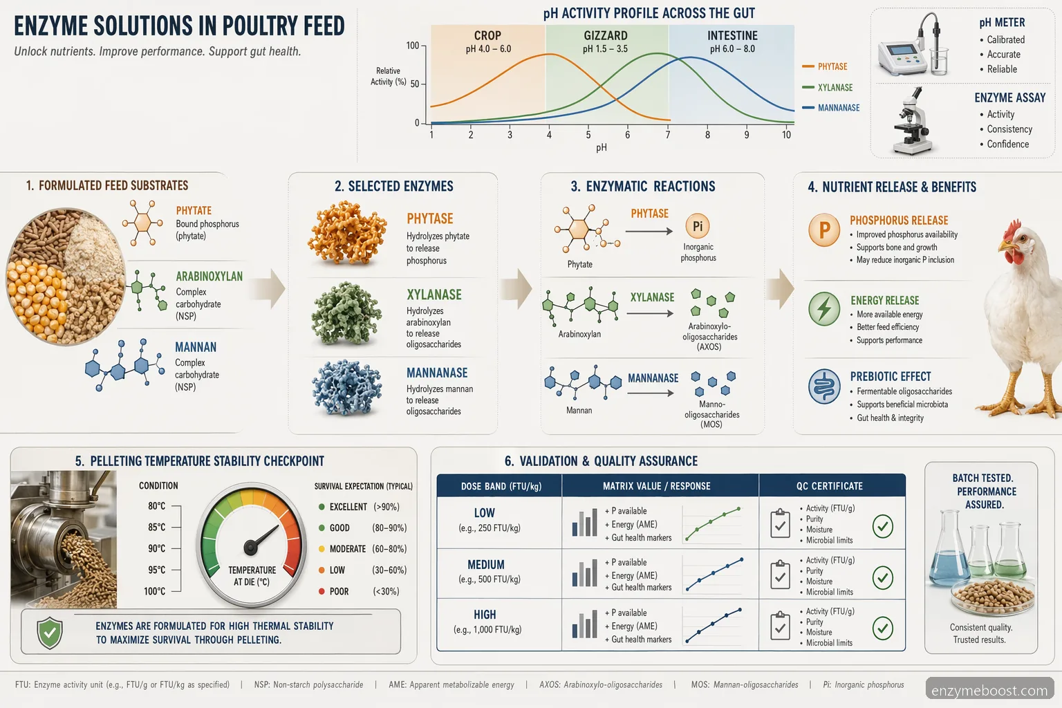 feed enzyme poultry feed process diagram showing phytase, xylanase, pH range, heat stability, and nutrient release