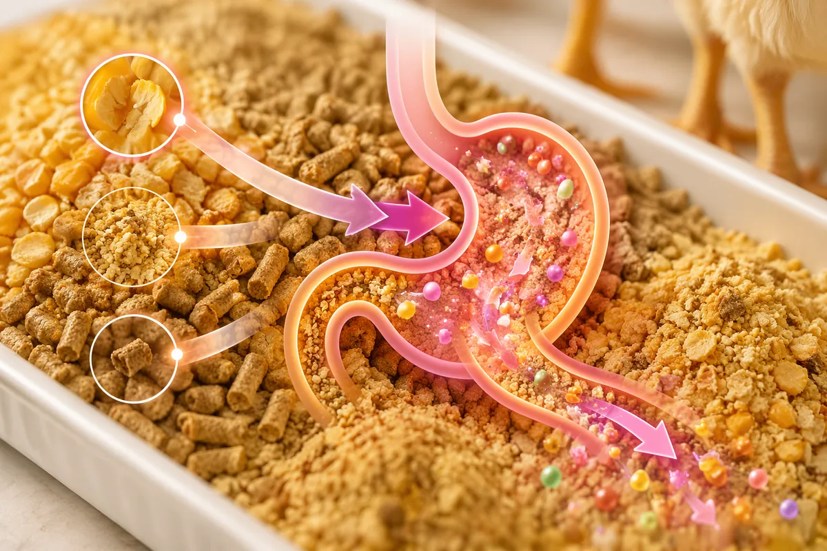 Pelleted and mash poultry feed with an illustration of digestion in the bird