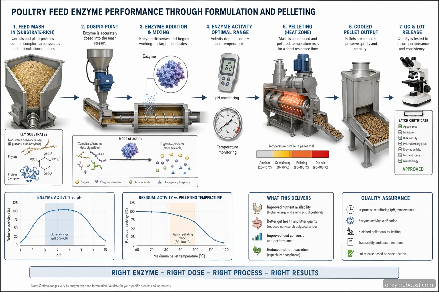 feed enzymes alliance poultry feed pH and temperature diagram showing enzyme activity through dosing and pelleting