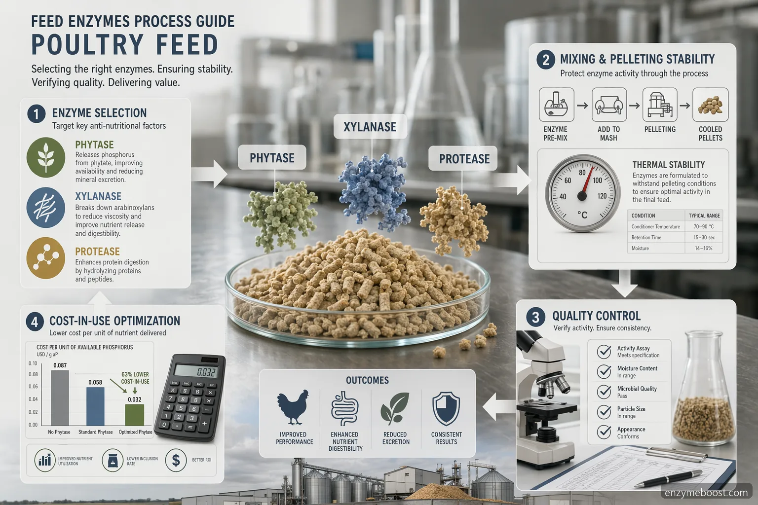 feed enzymes market process guide for poultry feed, with enzyme selection, pelleting stability, QC, and cost-in-use