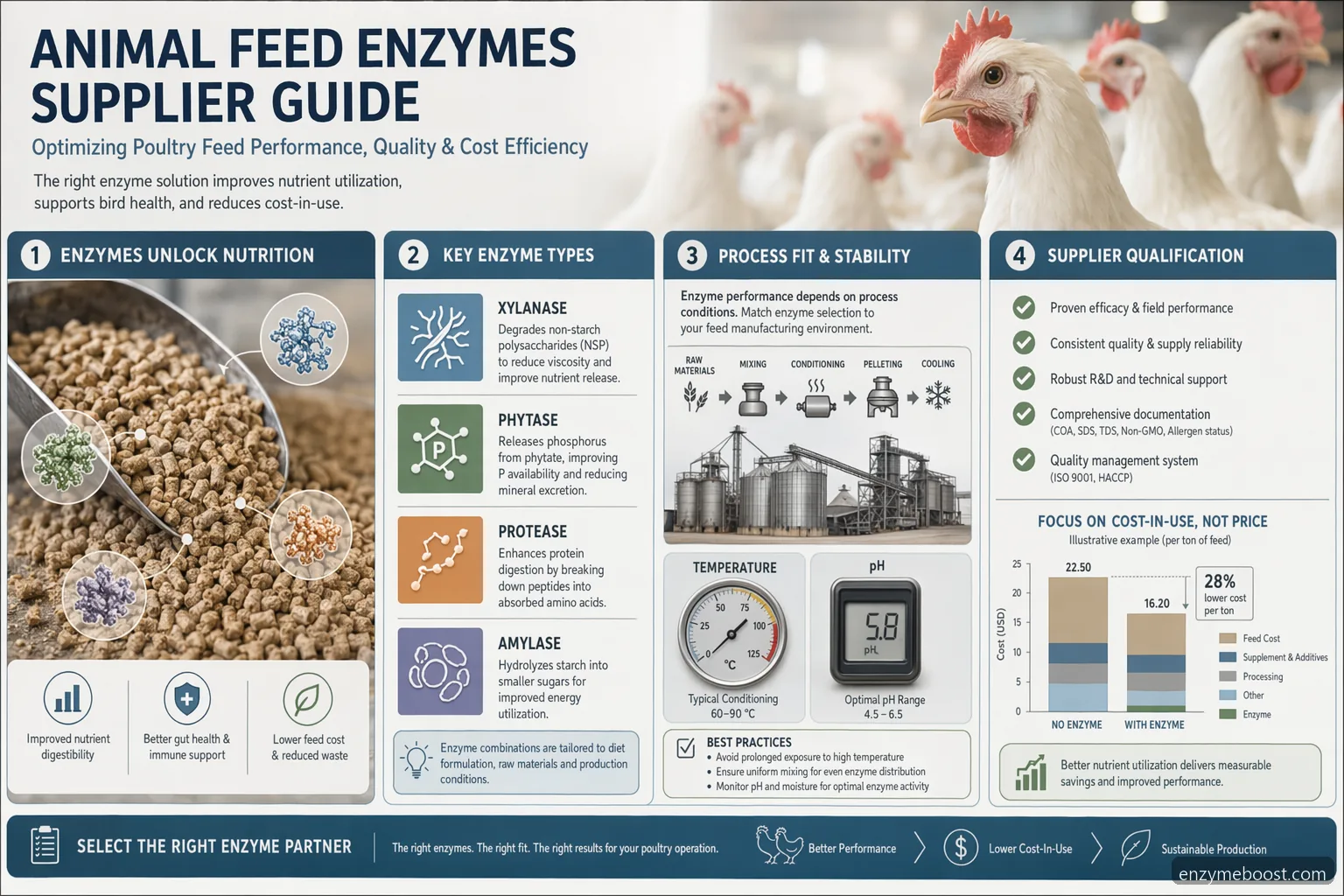feed enzymesの家禽飼料向けサプライヤーガイド。酵素の種類、QC、試作検証、コストインユースを示す図。