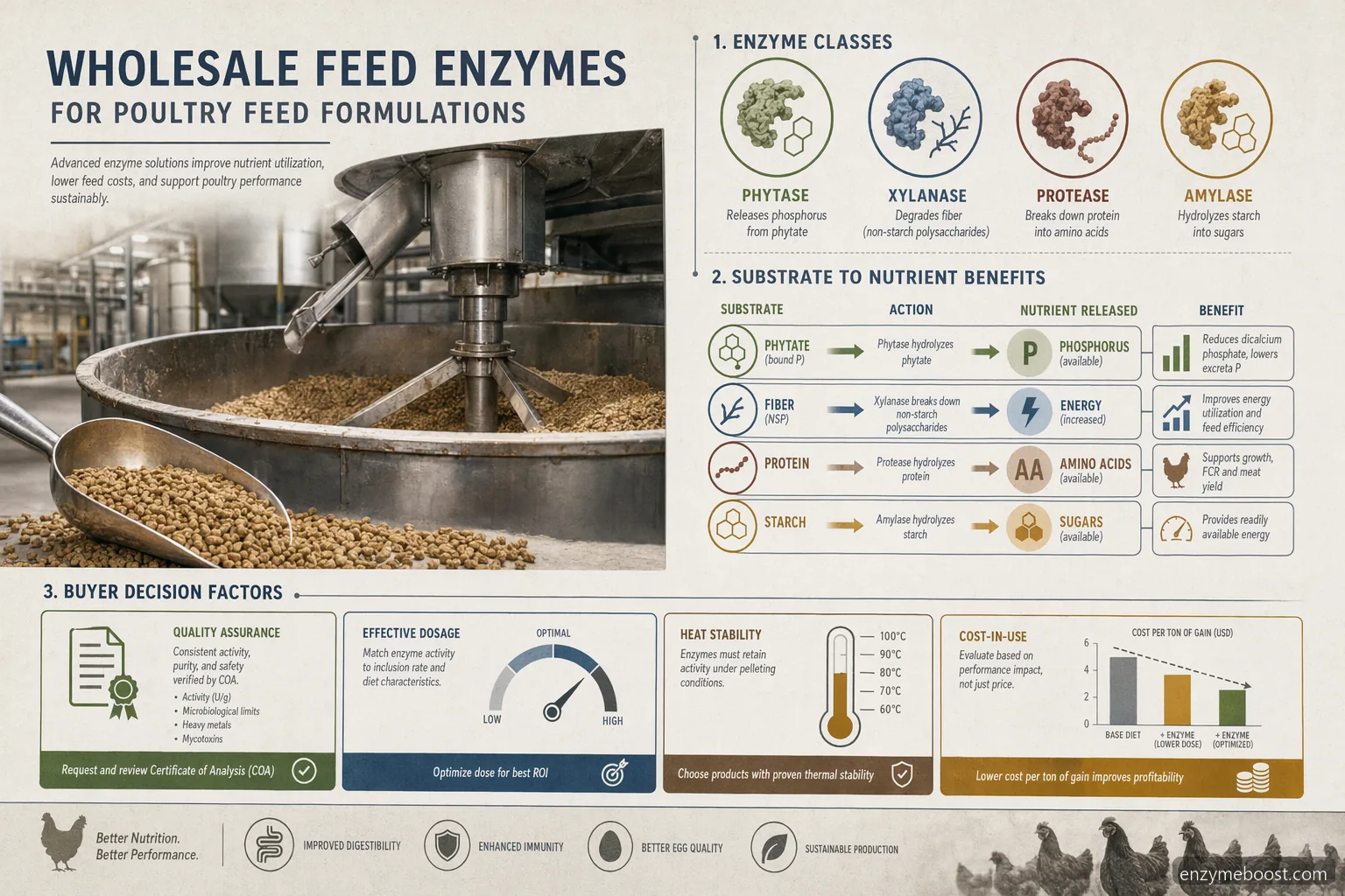 wholesale feed enzymes poultry formulations infographic showing enzyme types, substrates, QC, dosage, and cost-in-use
